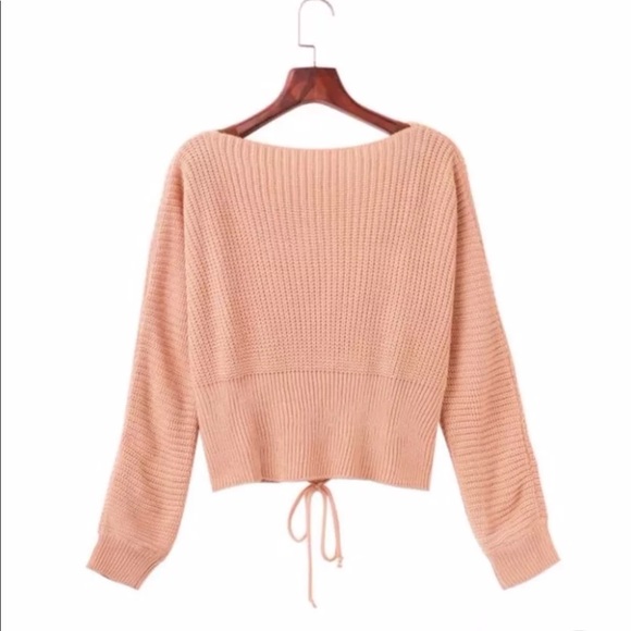 Lace Up Front Wide Neck Chunky Knit Sweater Top - Picture 5 of 6